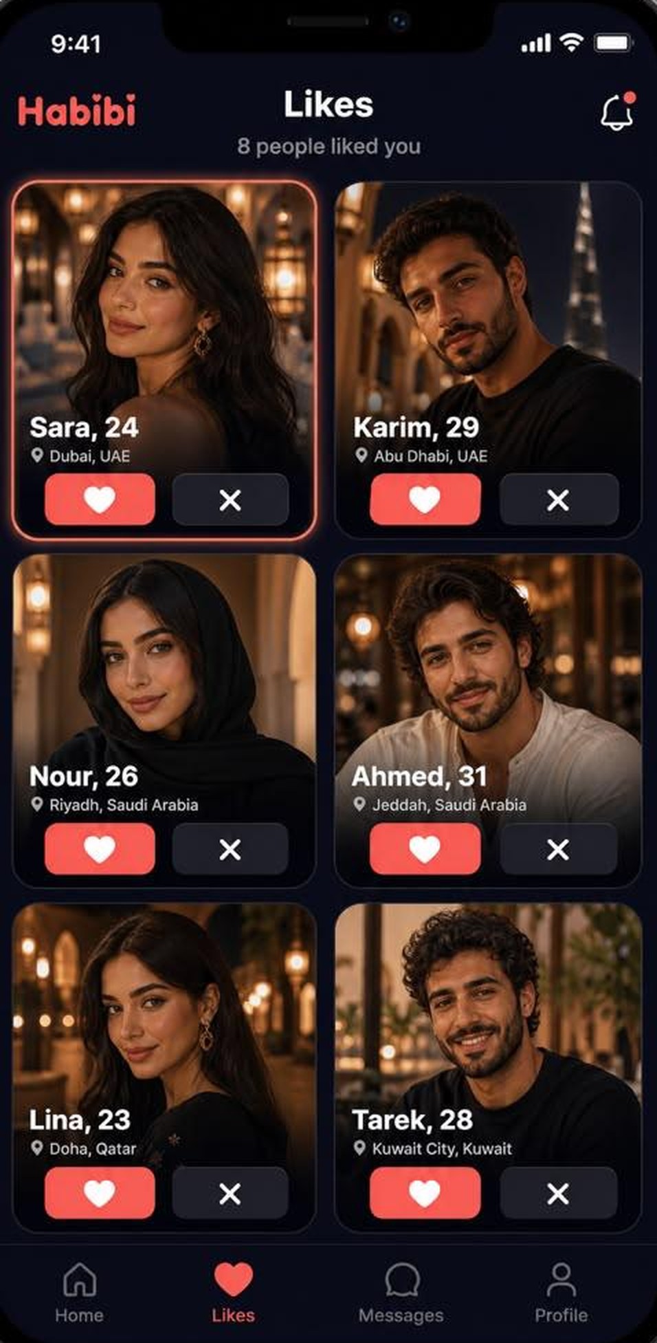 Habibi Likes screen showing people who liked you